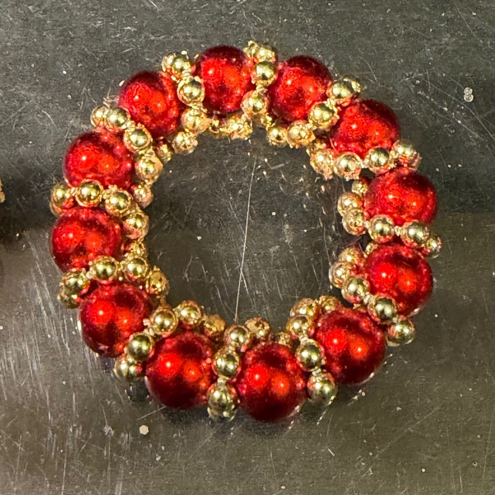 Set of 3 Beaded Christmas Wreath Ornaments Red Gold Metallic Miniature 1.5 Inch